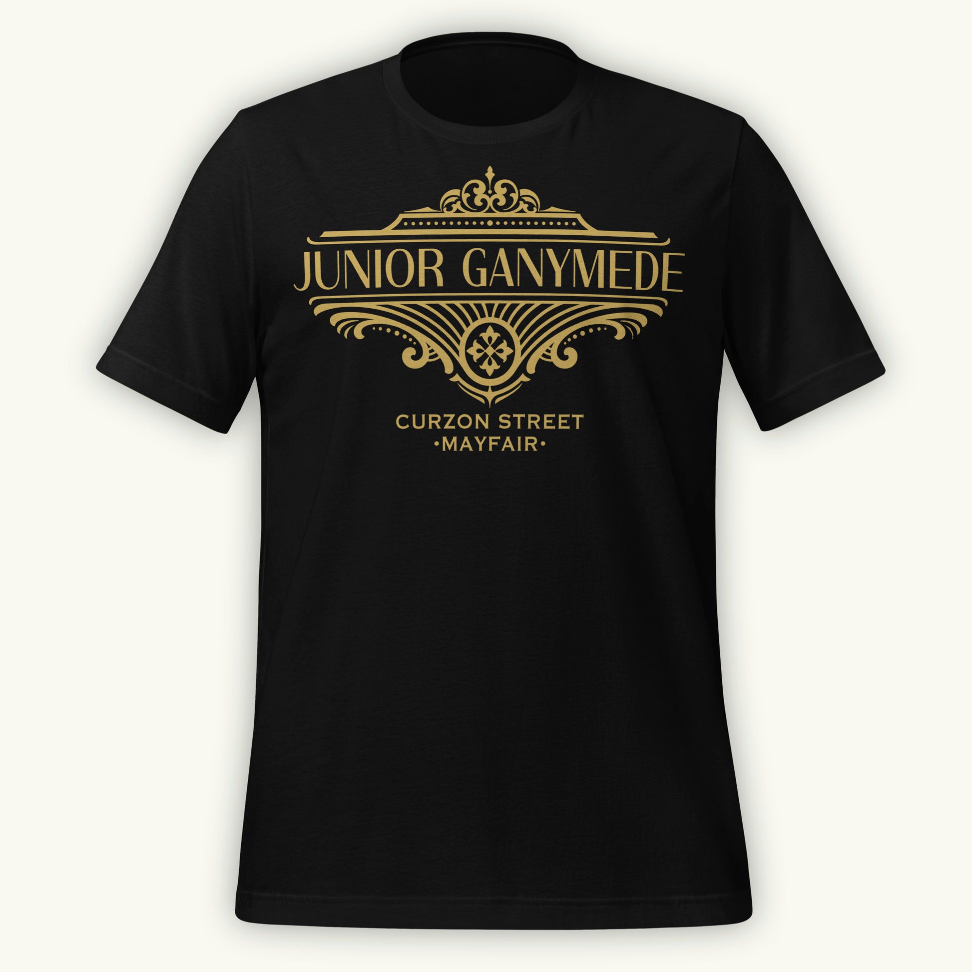 Black t-shirt with gold 'Junior Ganymede' text and logo design