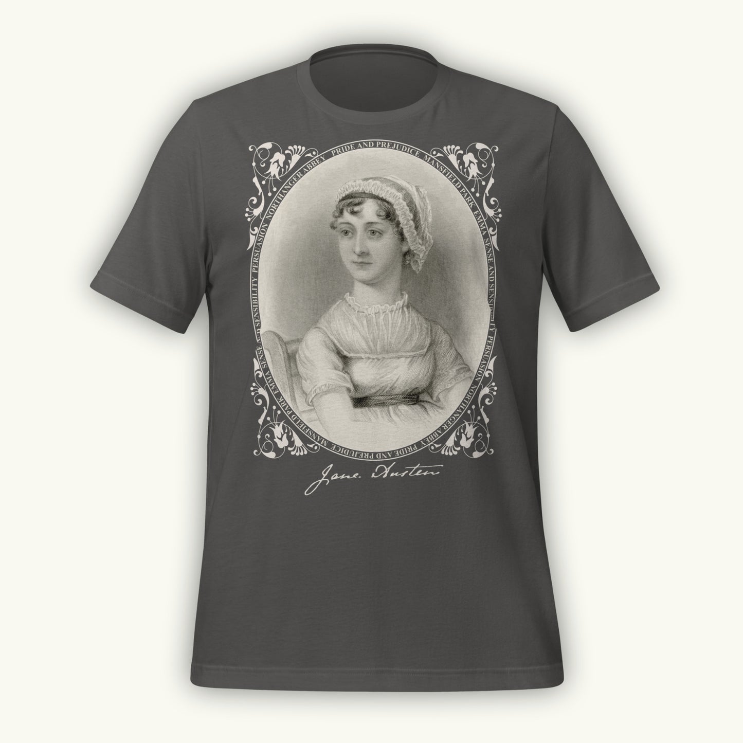 Dark gray colored t-shirt with a vintage-style Jane Austen engraving portrait and 'Jane Austen' text on a white background