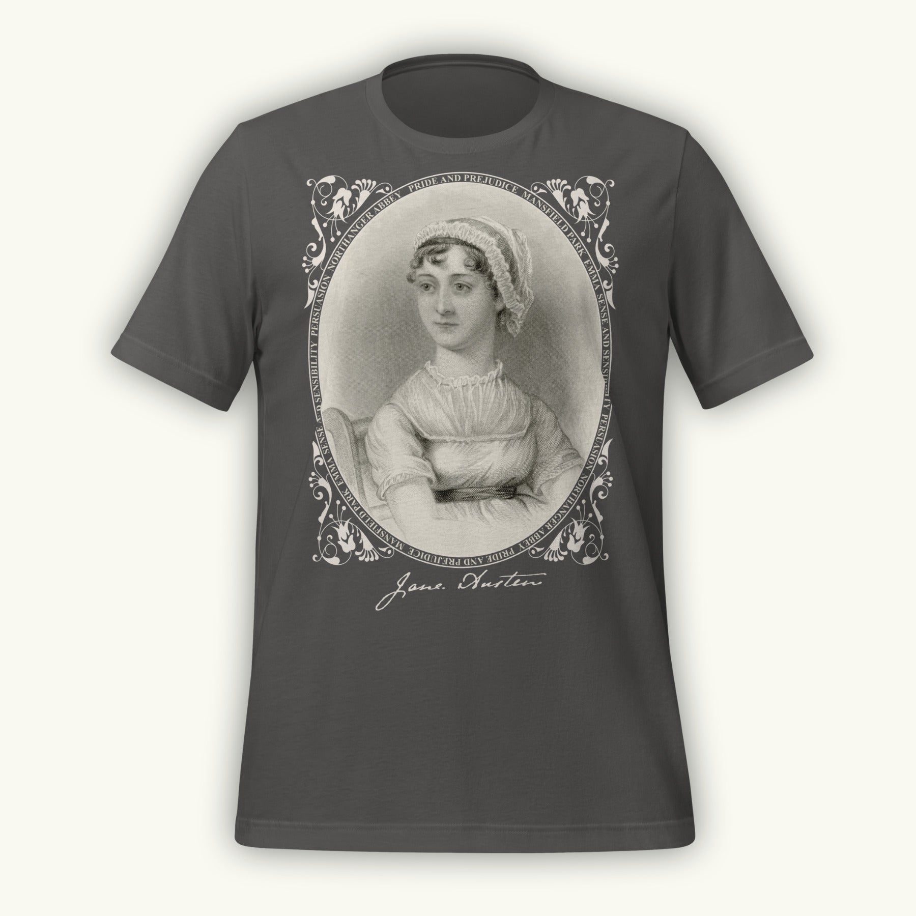 Dark gray colored t-shirt with a vintage-style Jane Austen engraving portrait and 'Jane Austen' text on a white background