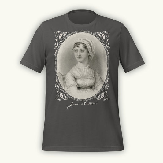 Dark gray colored t-shirt with a vintage-style Jane Austen engraving portrait and 'Jane Austen' text on a white background