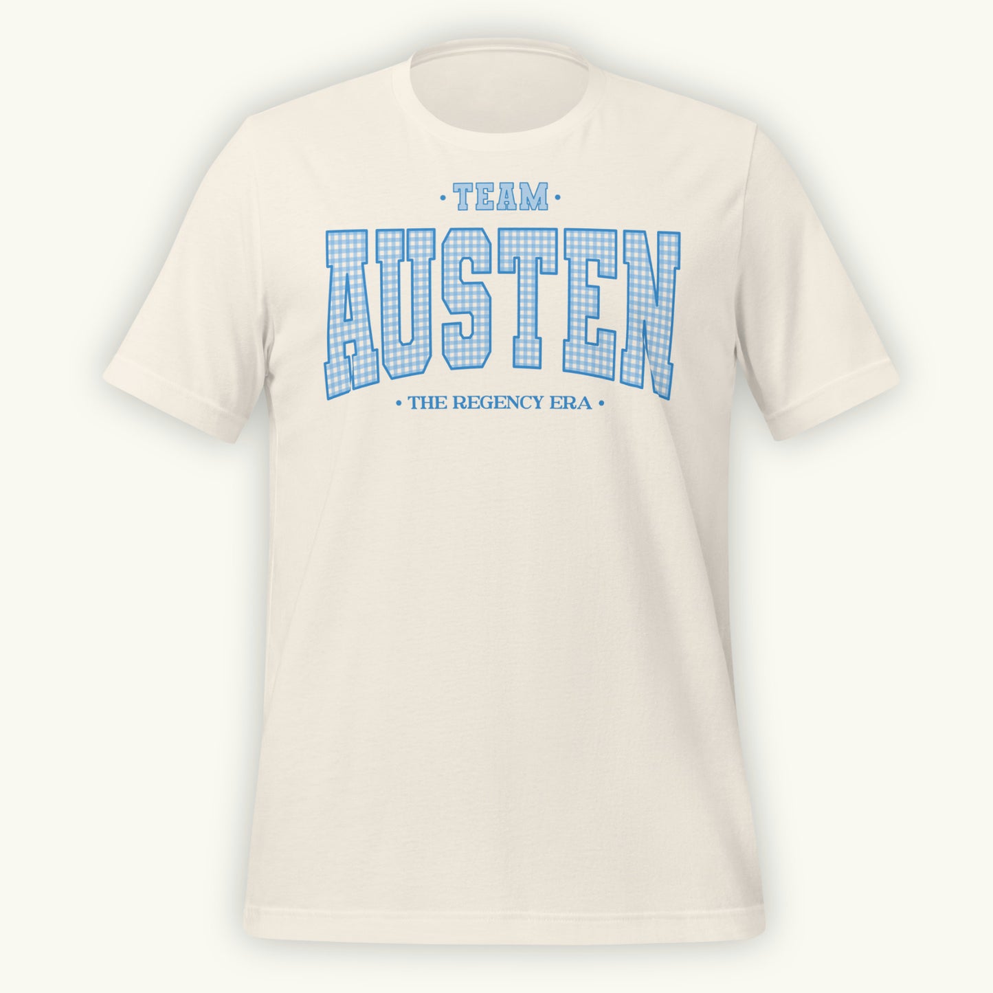Vintage white t-shirt with 'Team Austen The Regency Era' in blue gingham style varsity text on a white background