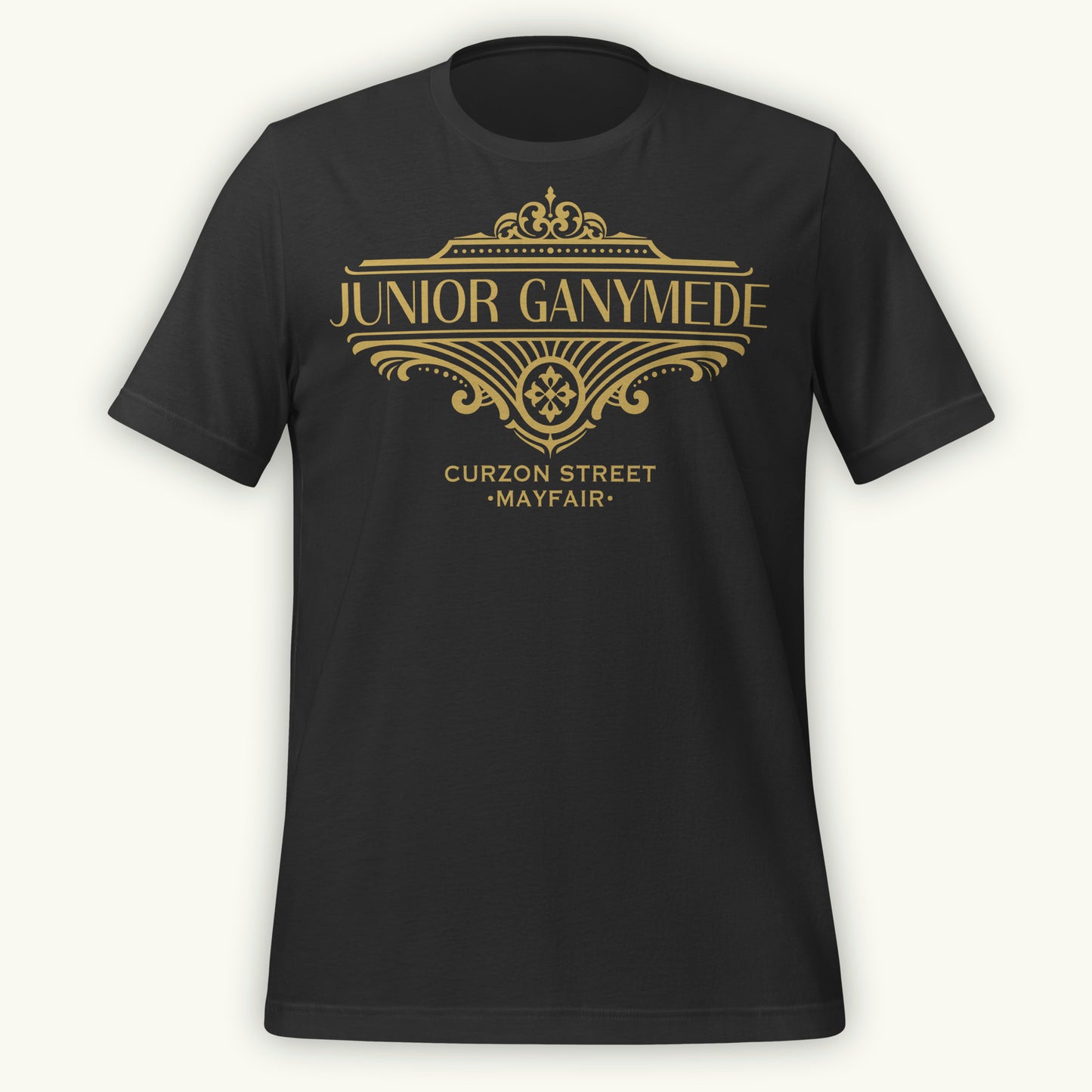 Dark gray t-shirt with gold 'Junior Ganymede' text and logo design
