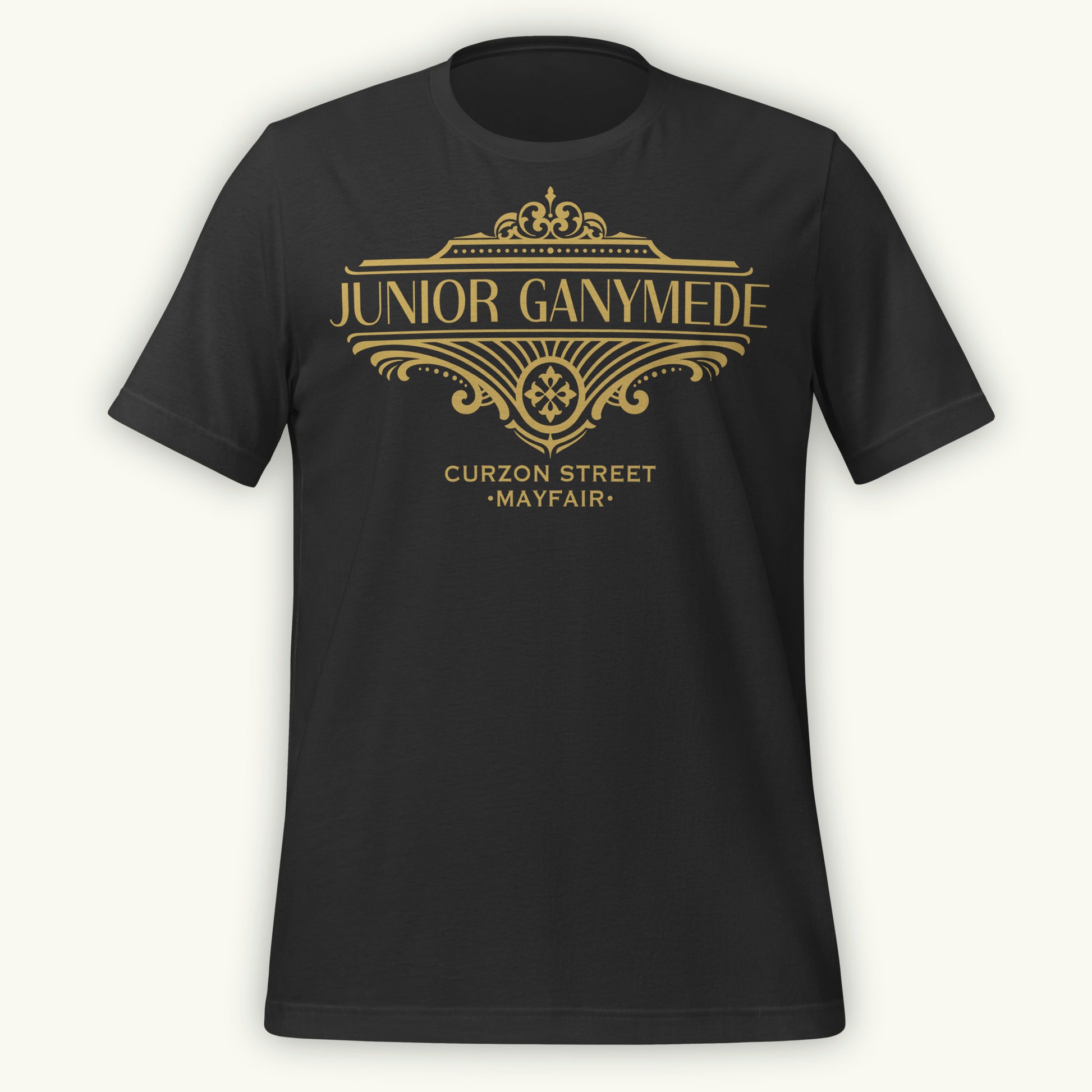 Dark gray t-shirt with gold 'Junior Ganymede' text and logo design