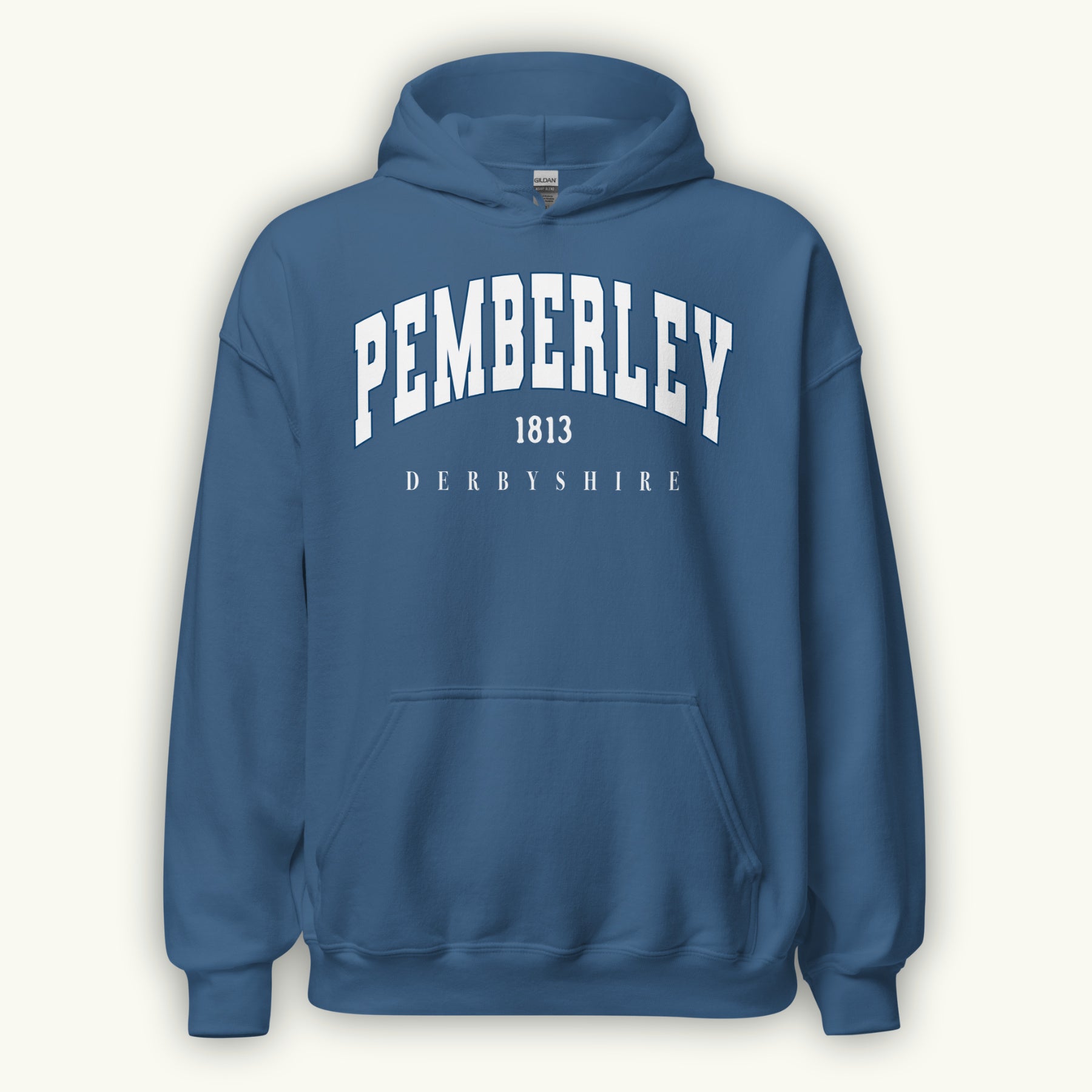 Blue hoodie with 'Pemberley 1813 Derbyshire' text on a white background