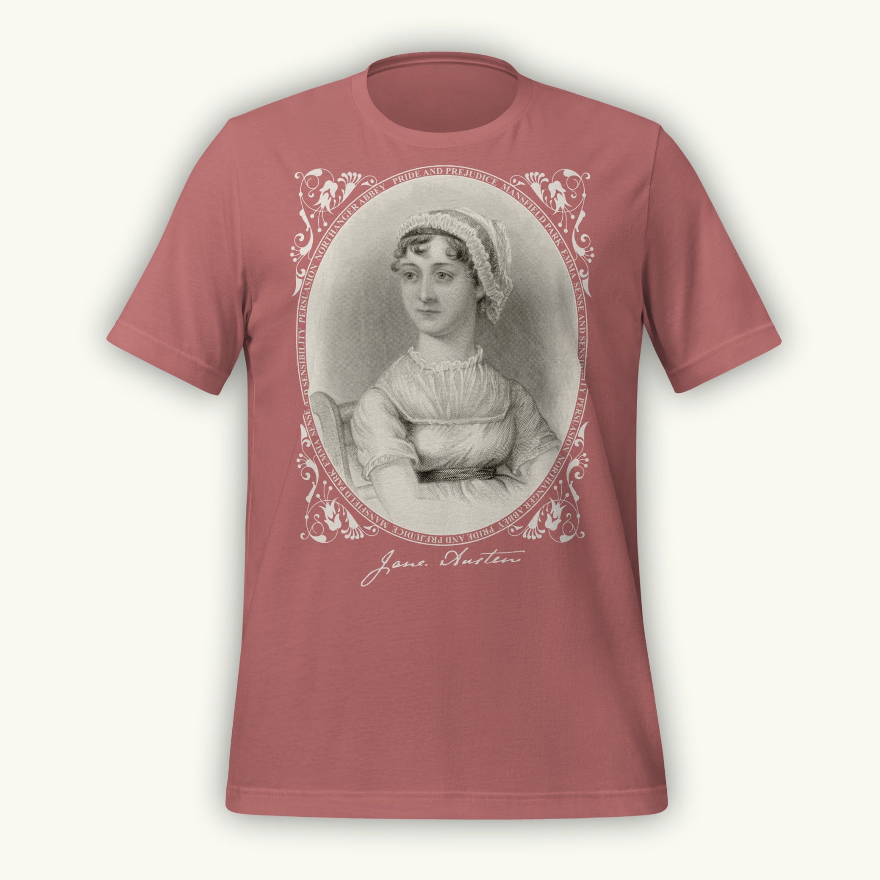 Red mauve colored t-shirt with a vintage-style Jane Austen engraving portrait and 'Jane Austen' text on a white background