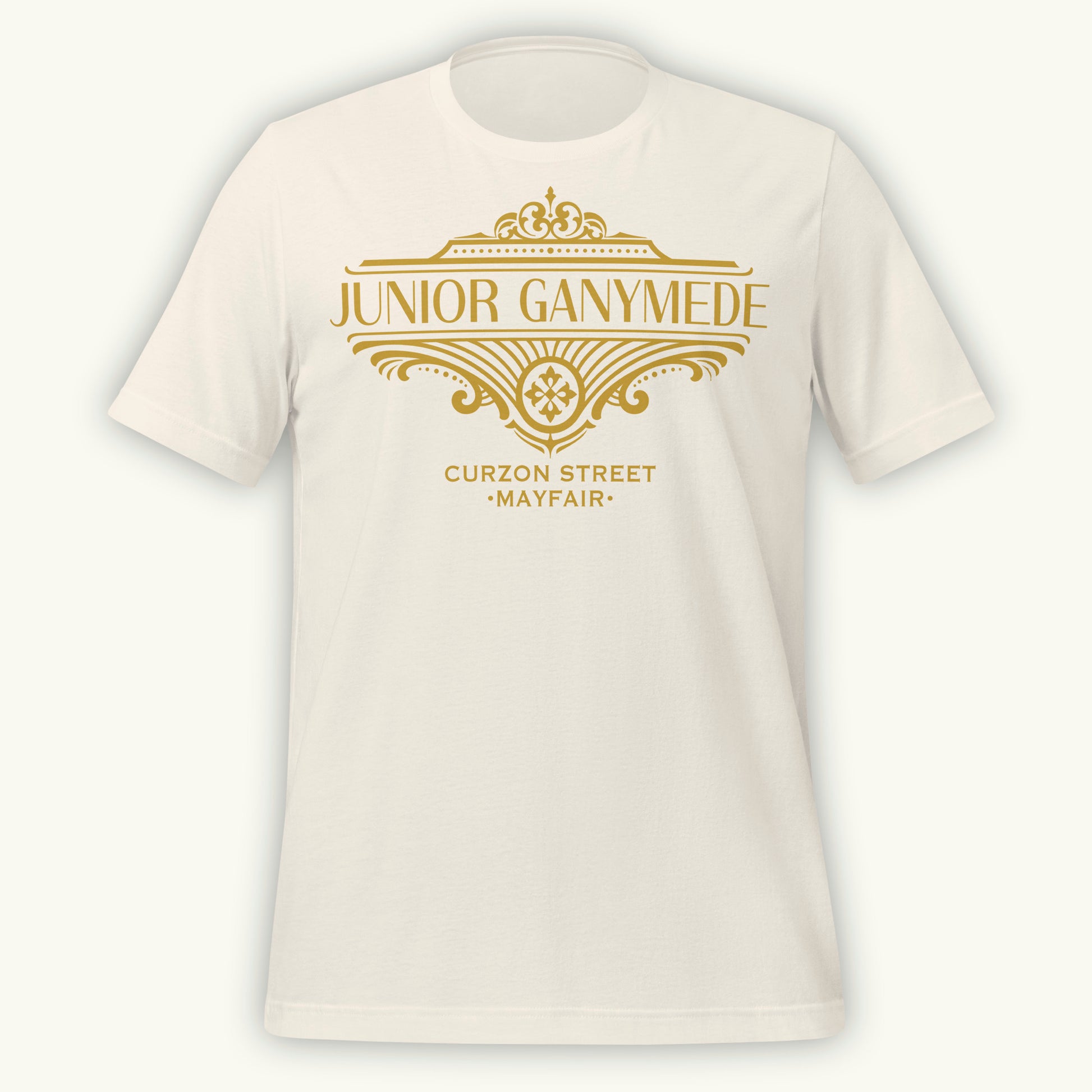 Vintage white t-shirt with gold 'Junior Ganymede' text and logo design
