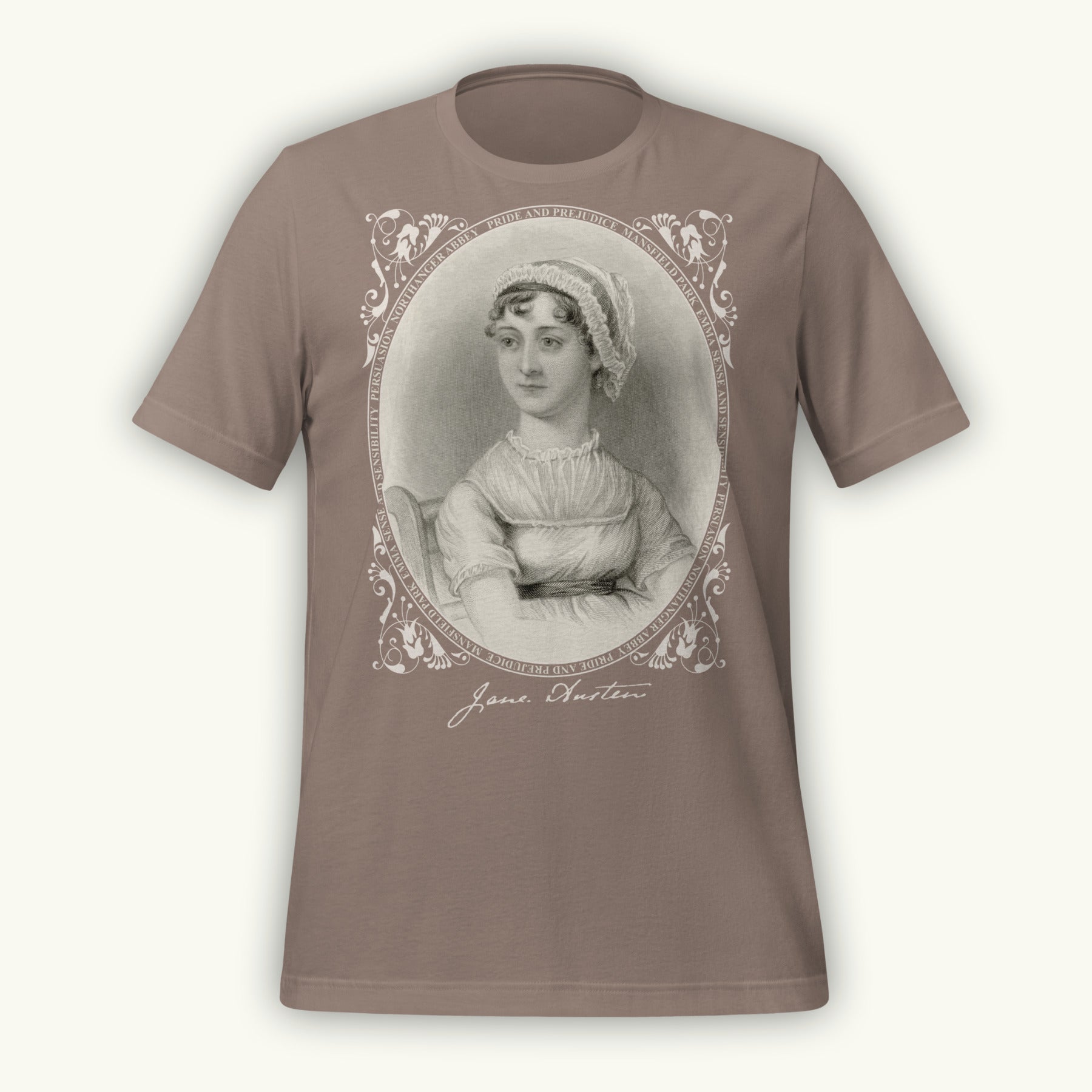 Pebble colored t-shirt with a vintage-style Jane Austen engraving portrait and 'Jane Austen' text on a white background