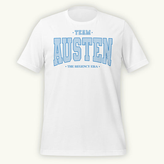 White t-shirt with 'Team Austen The Regency Era' in blue gingham style varsity text on a white background