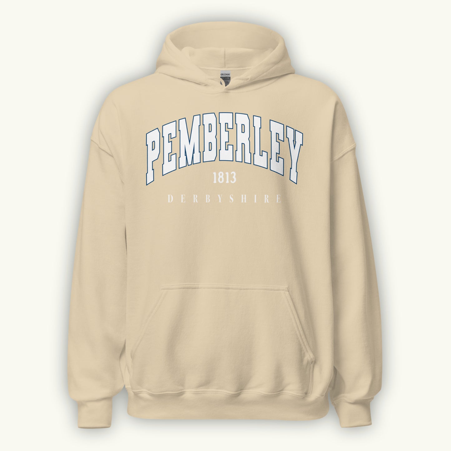 Beige hoodie with 'Pemberley 1813 Derbyshire' text on a white background