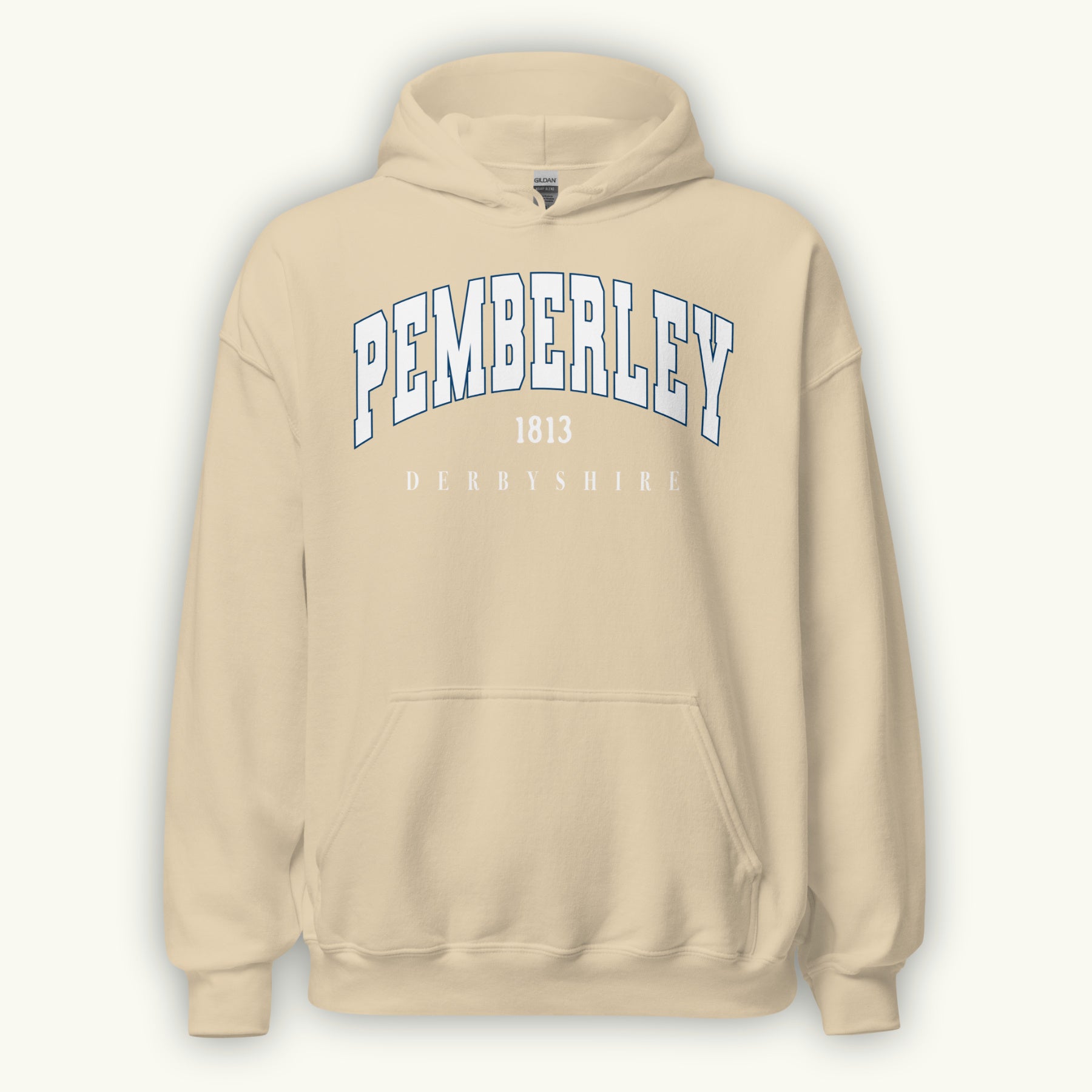 Beige hoodie with 'Pemberley 1813 Derbyshire' text on a white background