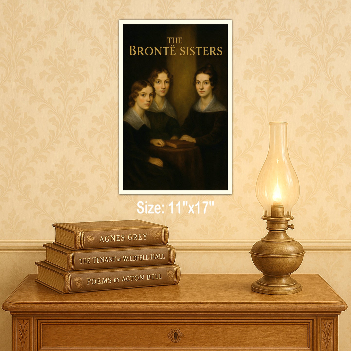 Unframed artwork portrait poster print of the Brontë sisters on a wall above books and a lamp. 11 in by 17 inch