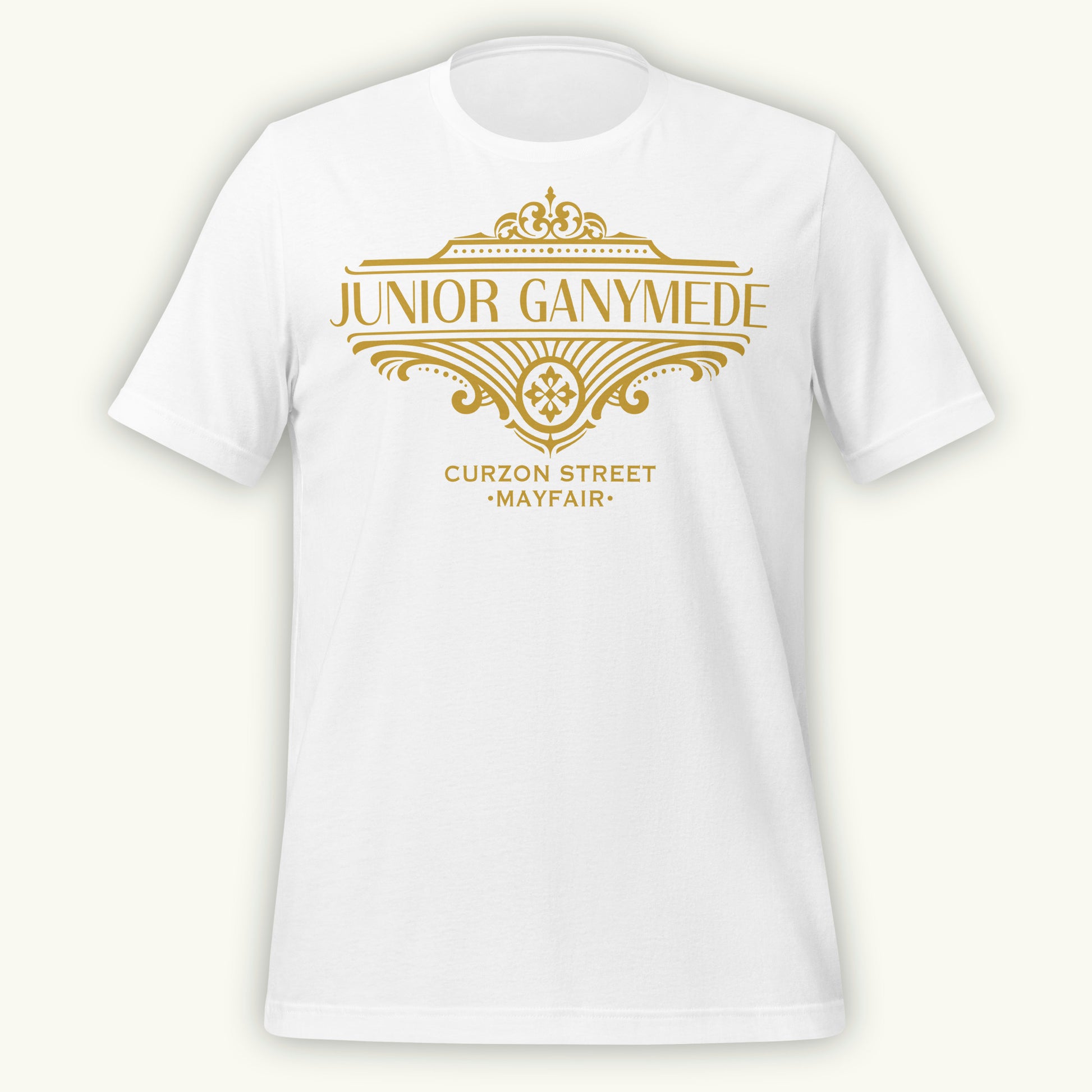 White t-shirt with gold 'Junior Ganymede' text and logo design