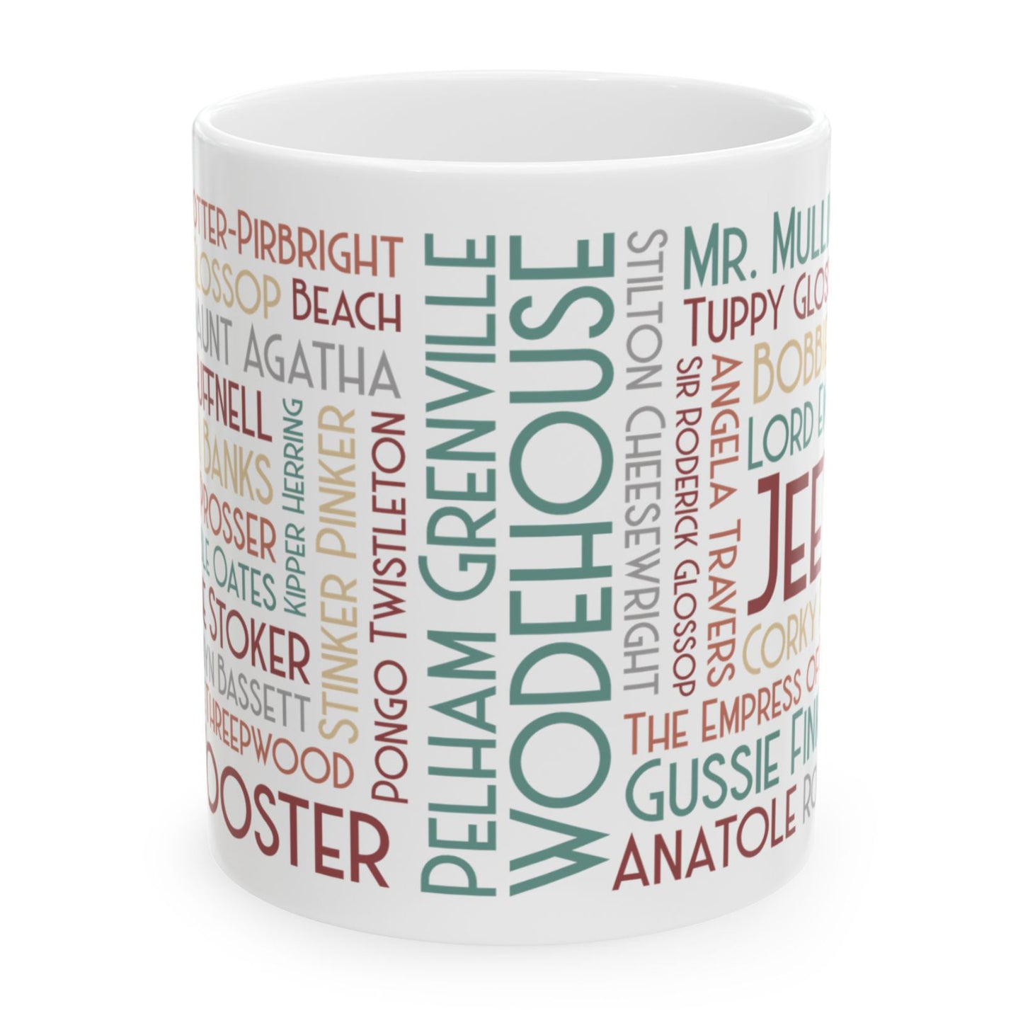 P.G. Wodehouse Characters Coffee Mug | Art Deco Lettering | 11 Ounce Jeeves and Wooster Tea Cup