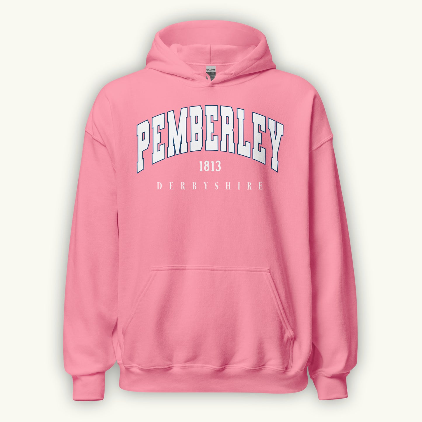 Pink hoodie with 'Pemberley 1813 Derbyshire' text on a white background