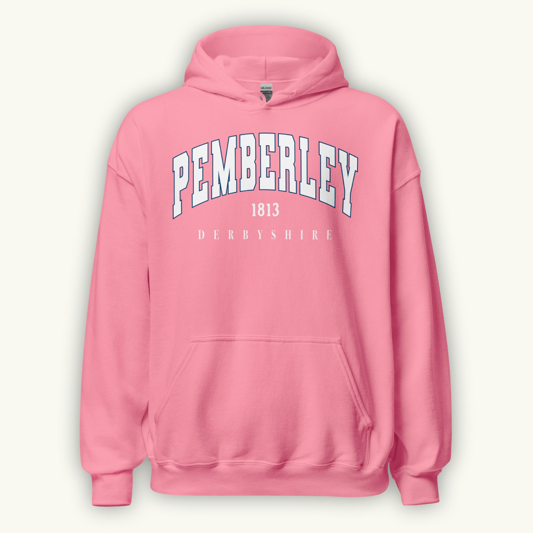 Pink hoodie with 'Pemberley 1813 Derbyshire' text on a white background