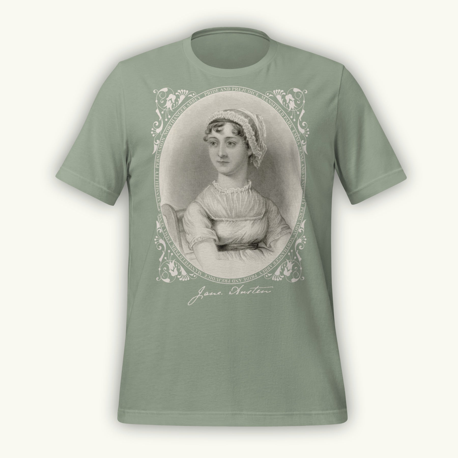 Sage green colored t-shirt with a vintage-style Jane Austen engraving portrait and 'Jane Austen' text on a white background
