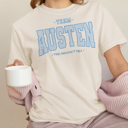 Team Austen Regency Era Varsity T-shirt | Unique Jane Austen Blue Gingham Tee