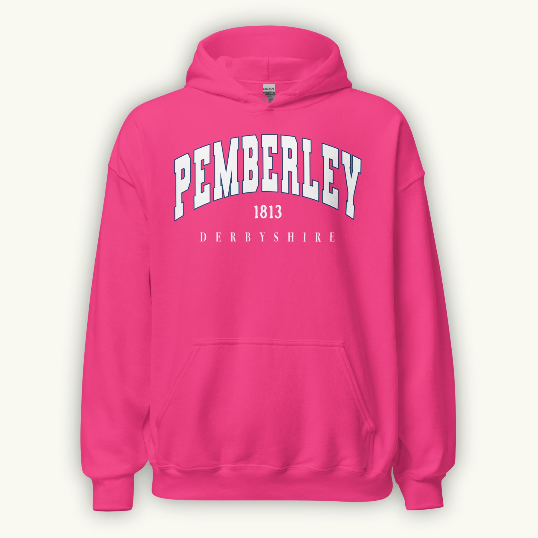 Pink hoodie with 'Pemberley 1813 Derbyshire' text on a white background