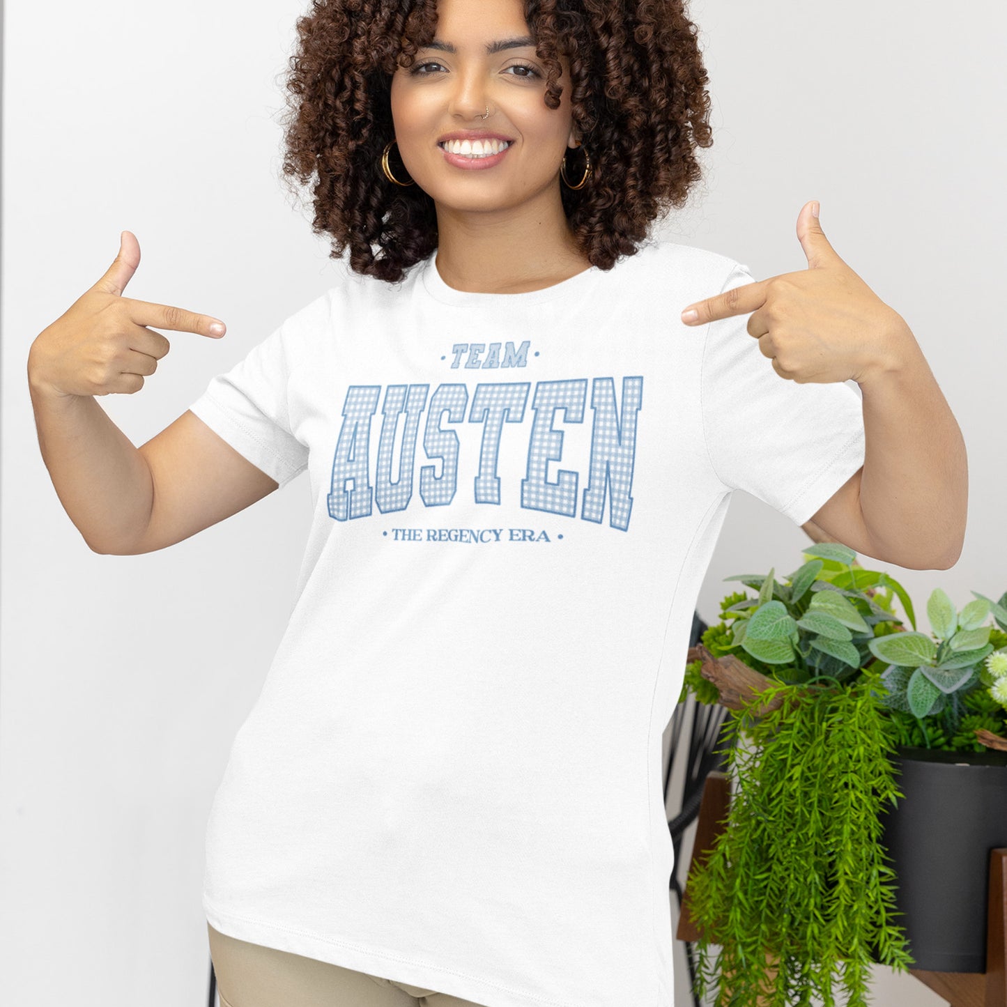 Team Austen Regency Era Varsity T-shirt | Unique Jane Austen Blue Gingham Tee