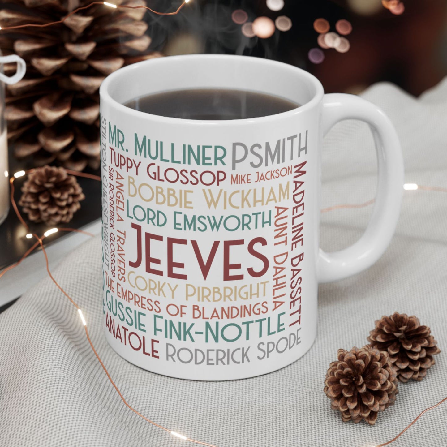 P.G. Wodehouse Characters Coffee Mug | Art Deco Lettering | 11 Ounce Jeeves and Wooster Tea Cup
