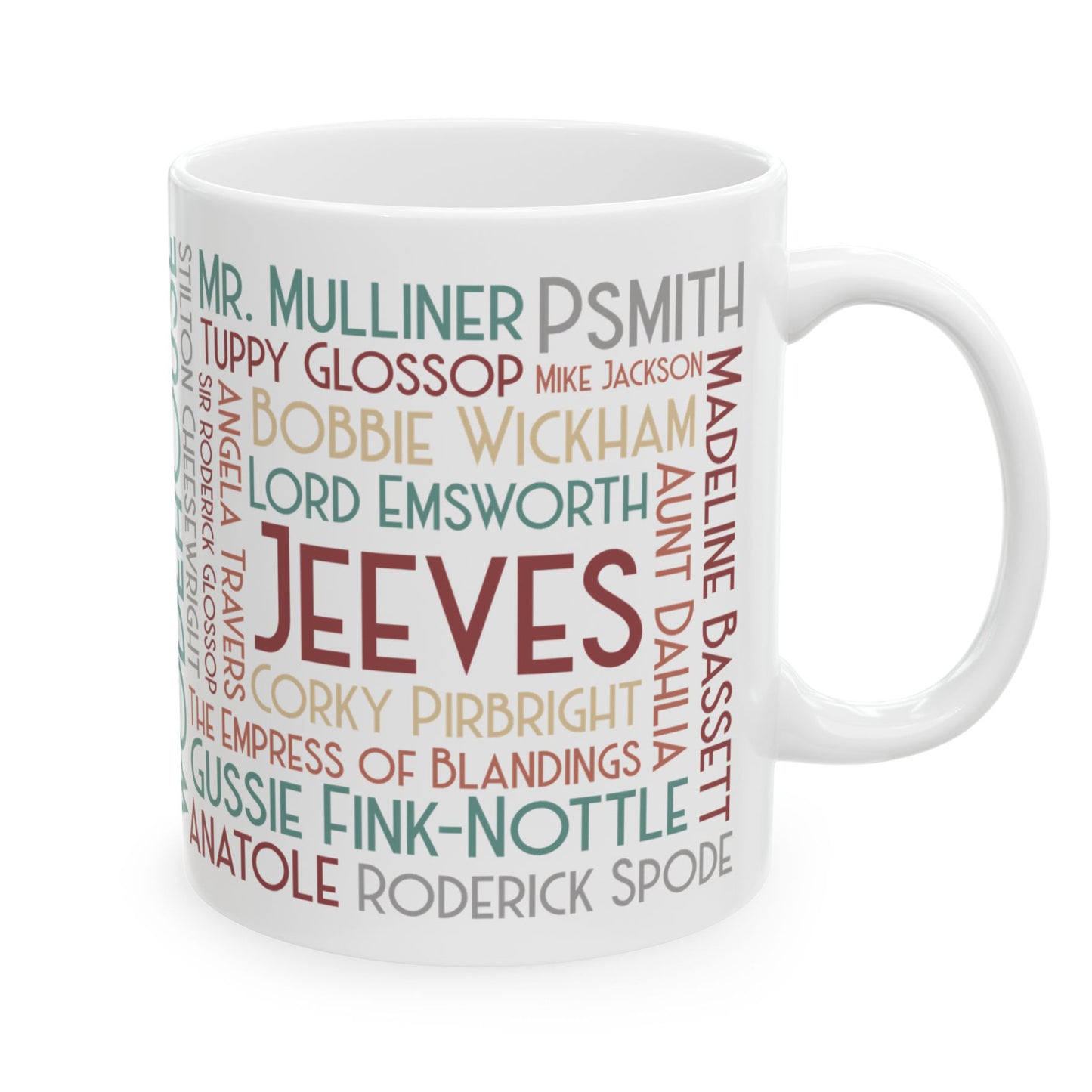 P.G. Wodehouse Characters Coffee Mug | Art Deco Lettering | 11 Ounce Jeeves and Wooster Tea Cup