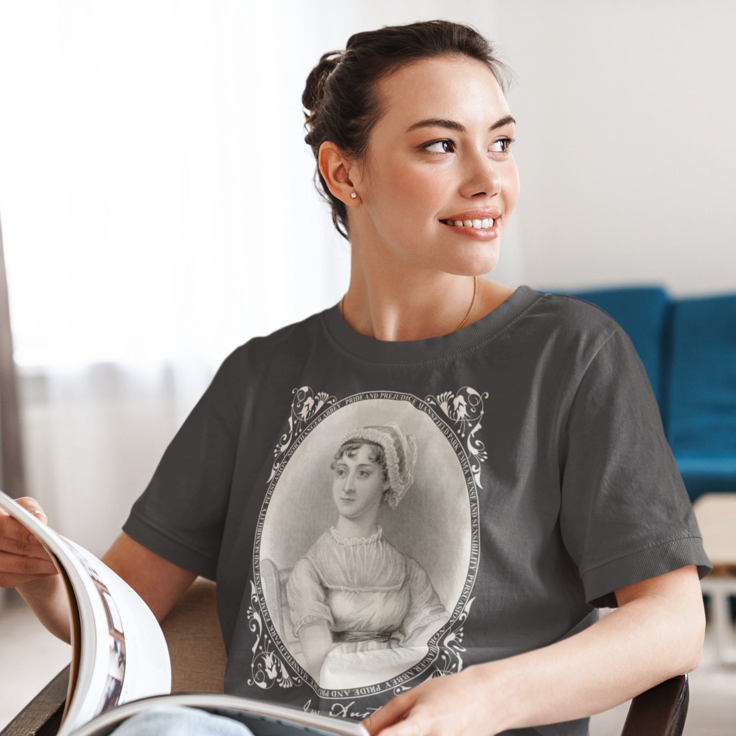 Jane Austen Portrait Engraving T-shirt | Unique Regency Era Artwork