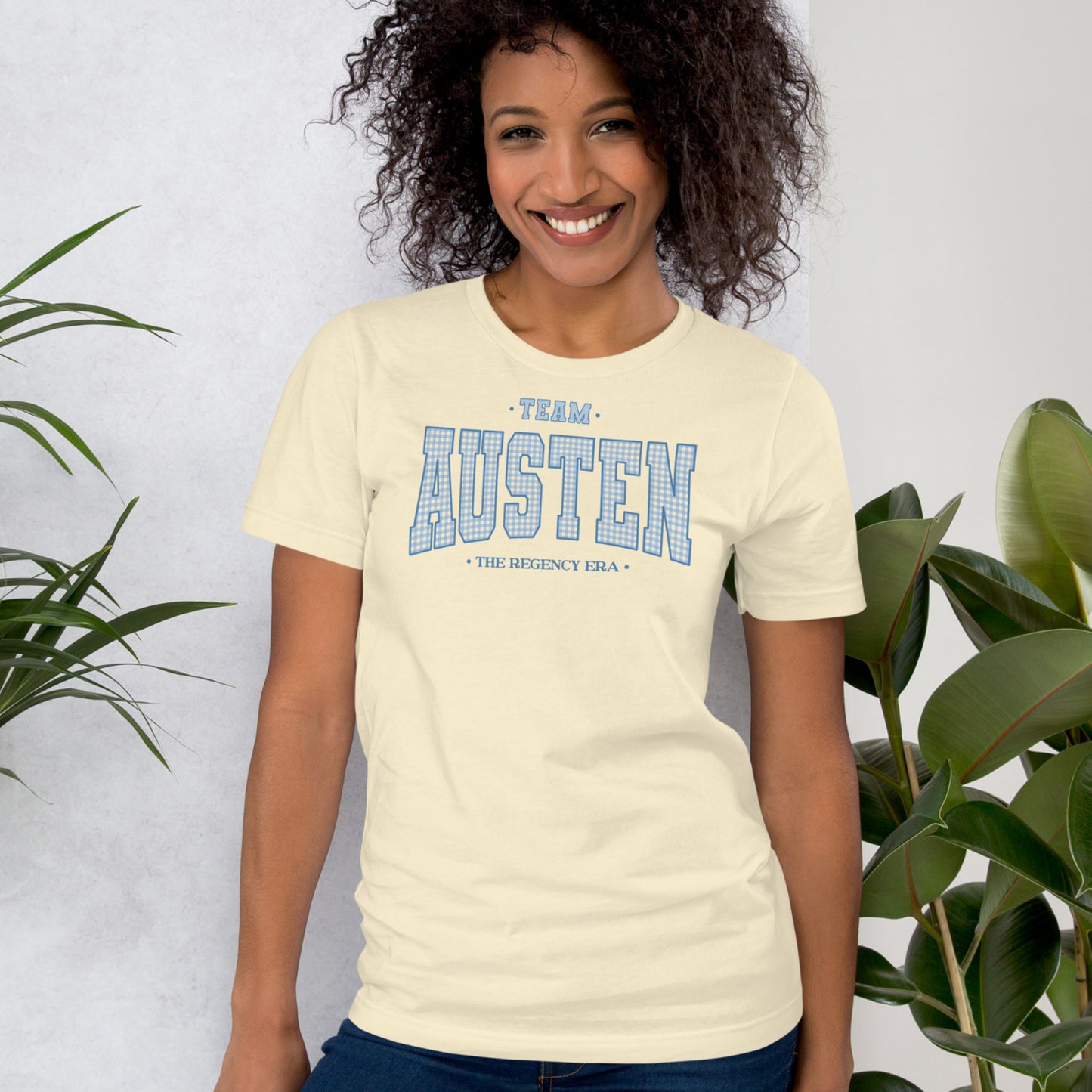 Team Austen Regency Era Varsity T-shirt | Unique Jane Austen Blue Gingham Tee