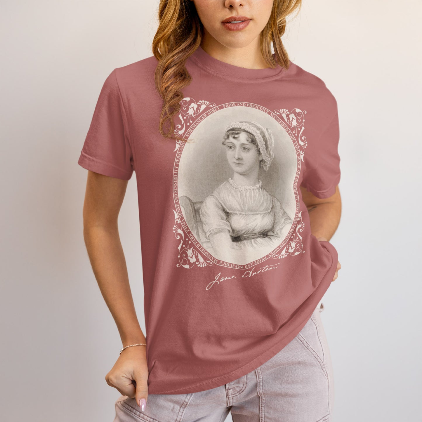 Jane Austen Portrait Engraving T-shirt | Unique Regency Era Artwork