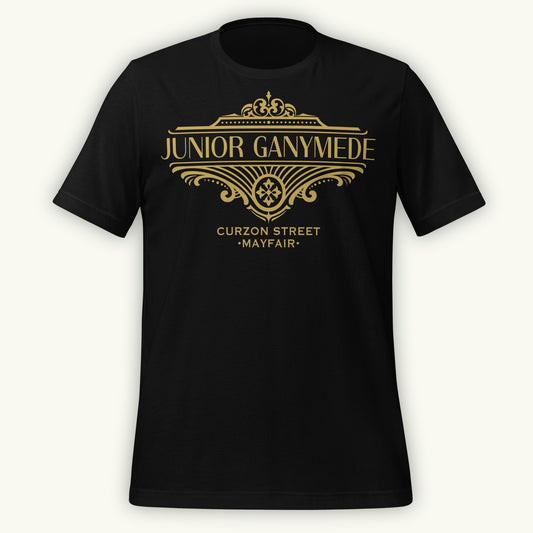 Black t-shirt with gold 'Junior Ganymede' text and logo design
