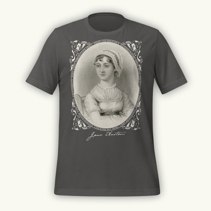Dark gray colored t-shirt with a vintage-style Jane Austen engraving portrait and 'Jane Austen' text on a white background