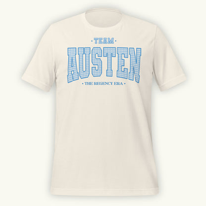 Vintage white t-shirt with 'Team Austen The Regency Era' in blue gingham style varsity text on a white background