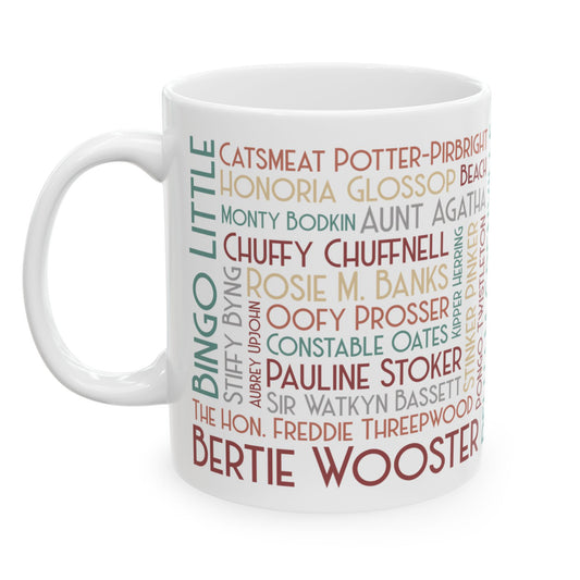 P.G. Wodehouse Characters Coffee Mug | Art Deco Lettering | 11 Ounce Jeeves and Wooster Tea Cup