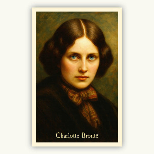 Unique portrait of Charlotte Bronté with a decorative border and name text.