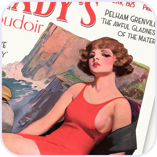 Vintage Miladys Boudoir Wodehouse magazine cover with a woman in a red dress and scenic background