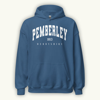 Blue hoodie with 'Pemberley 1813 Derbyshire' text on a white background