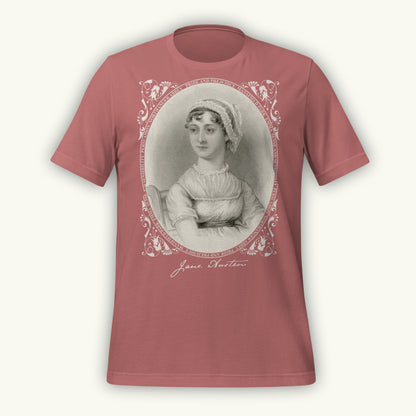 Red mauve colored t-shirt with a vintage-style Jane Austen engraving portrait and 'Jane Austen' text on a white background