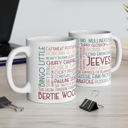 P.G. Wodehouse Characters Coffee Mug | Art Deco Lettering | 11 Ounce Jeeves and Wooster Tea Cup