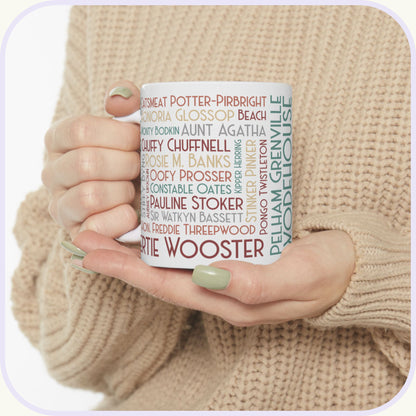 P.G. Wodehouse Characters Coffee Mug | Art Deco Lettering | 11 Ounce Jeeves and Wooster Tea Cup