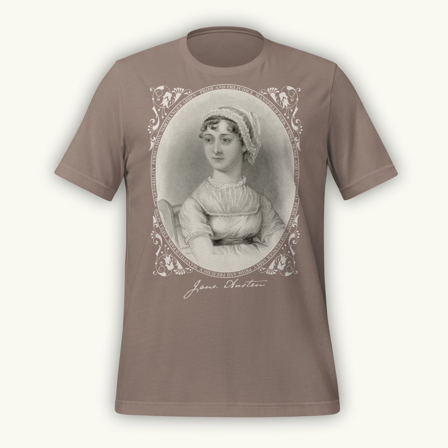 Pebble colored t-shirt with a vintage-style Jane Austen engraving portrait and 'Jane Austen' text on a white background
