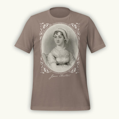Pebble colored t-shirt with a vintage-style Jane Austen engraving portrait and 'Jane Austen' text on a white background