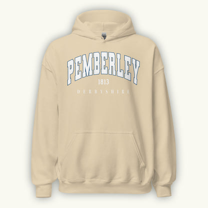 Beige hoodie with 'Pemberley 1813 Derbyshire' text on a white background