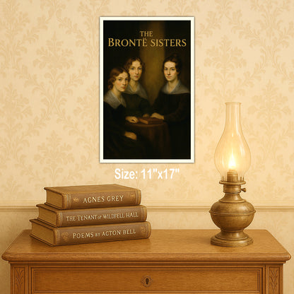 Unframed artwork portrait poster print of the Brontë sisters on a wall above books and a lamp. 11 in by 17 inch