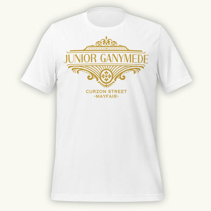 White t-shirt with gold 'Junior Ganymede' text and logo design