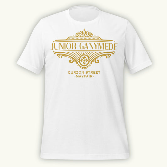 White t-shirt with gold 'Junior Ganymede' text and logo design