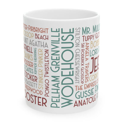 P.G. Wodehouse Characters Coffee Mug | Art Deco Lettering | 11 Ounce Jeeves and Wooster Tea Cup