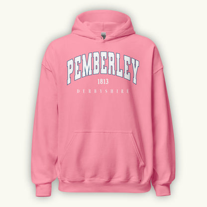 Pink hoodie with 'Pemberley 1813 Derbyshire' text on a white background