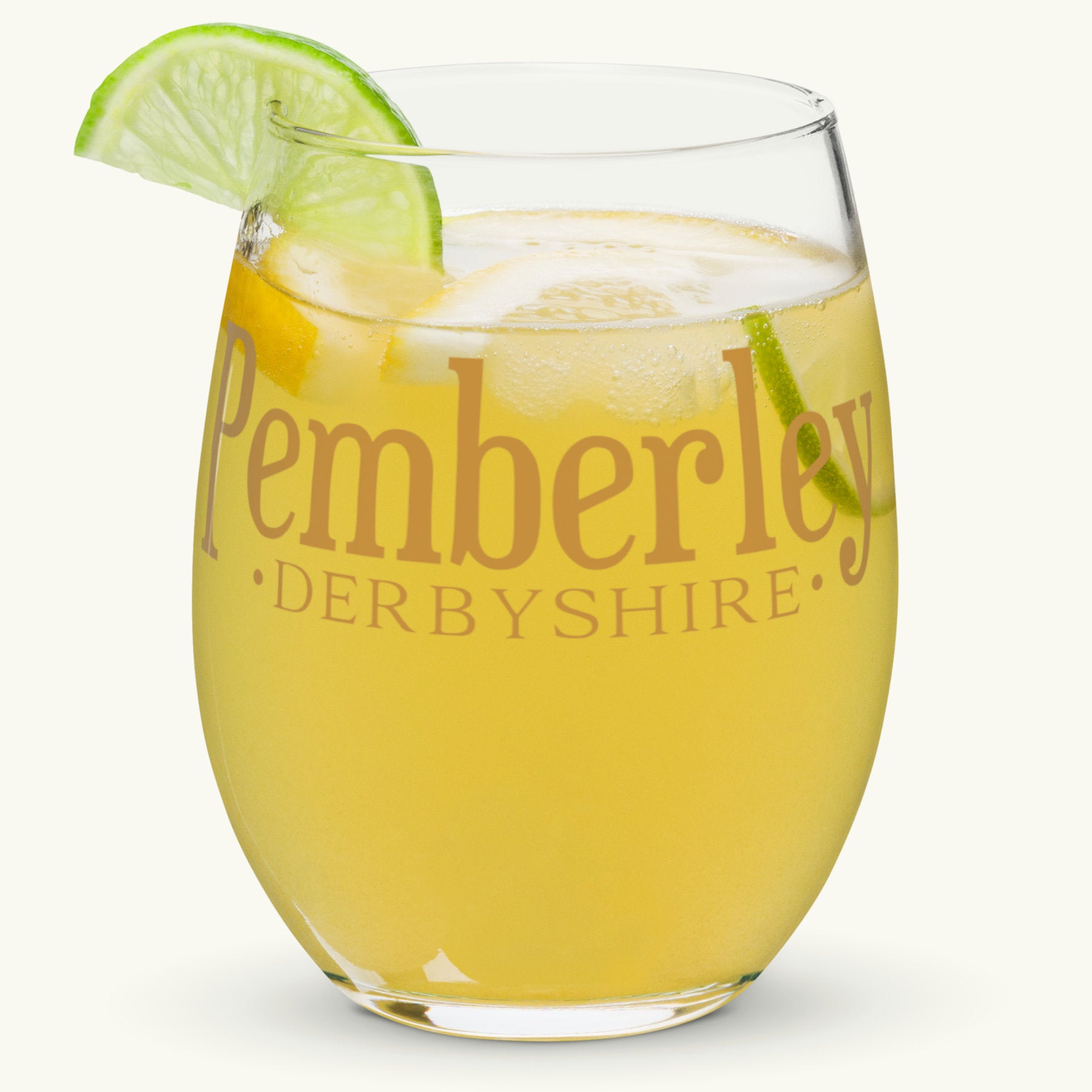 Pemberley Stemless Wine Glass filled with juice. Jane Austen Pride and Prejudice