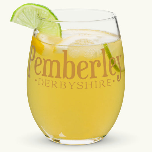 Pemberley Stemless Wine Glass filled with juice. Jane Austen Pride and Prejudice