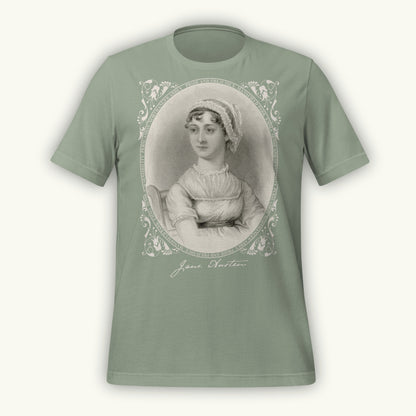 Sage green colored t-shirt with a vintage-style Jane Austen engraving portrait and 'Jane Austen' text on a white background