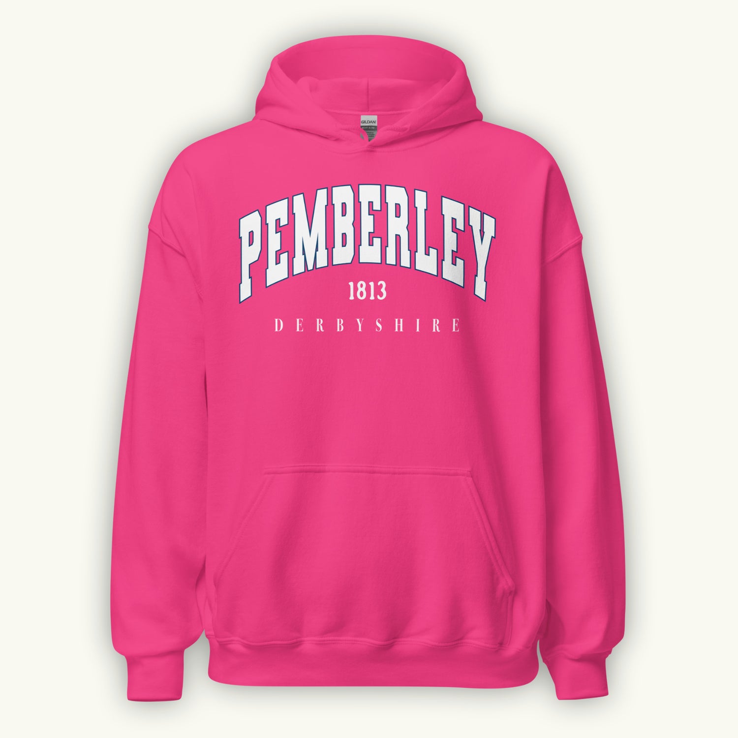 Pink hoodie with 'Pemberley 1813 Derbyshire' text on a white background